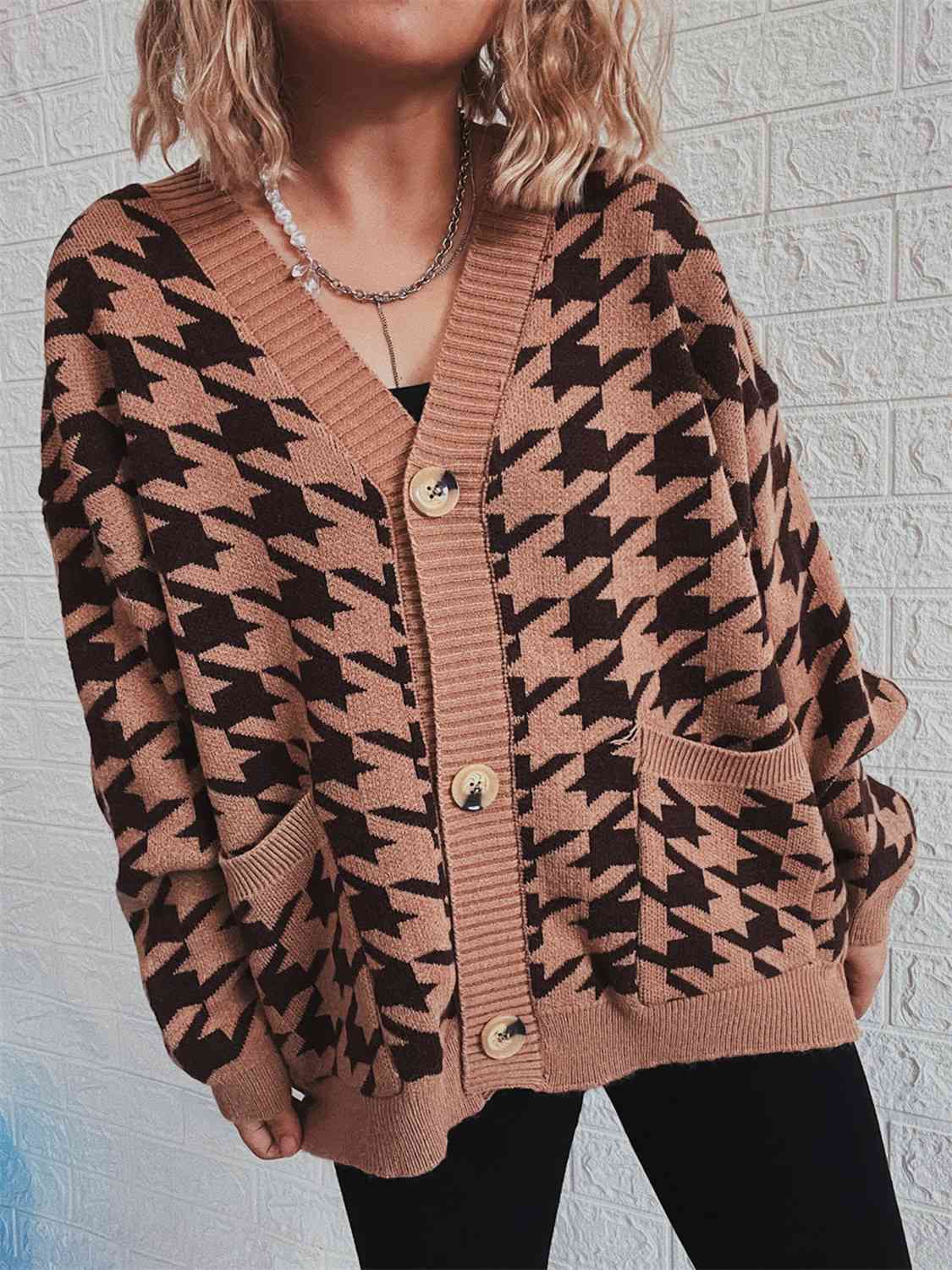 Houndstooth Botton Front  Cardigan with Pockets